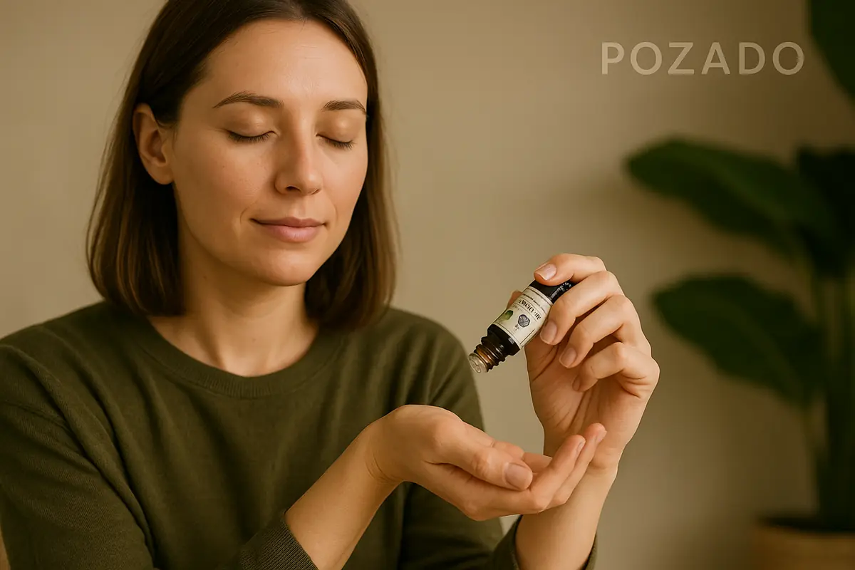 Femme appliquant une huile essentielle sur ses poignets, ambiance zen