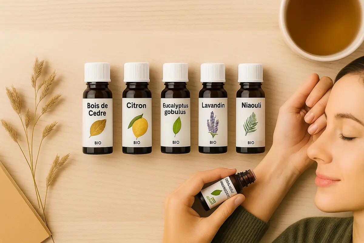 Flacons d’huiles essentielles : cèdre, citron, eucalyptus, lavandin, niaouli, orange douce, sapin