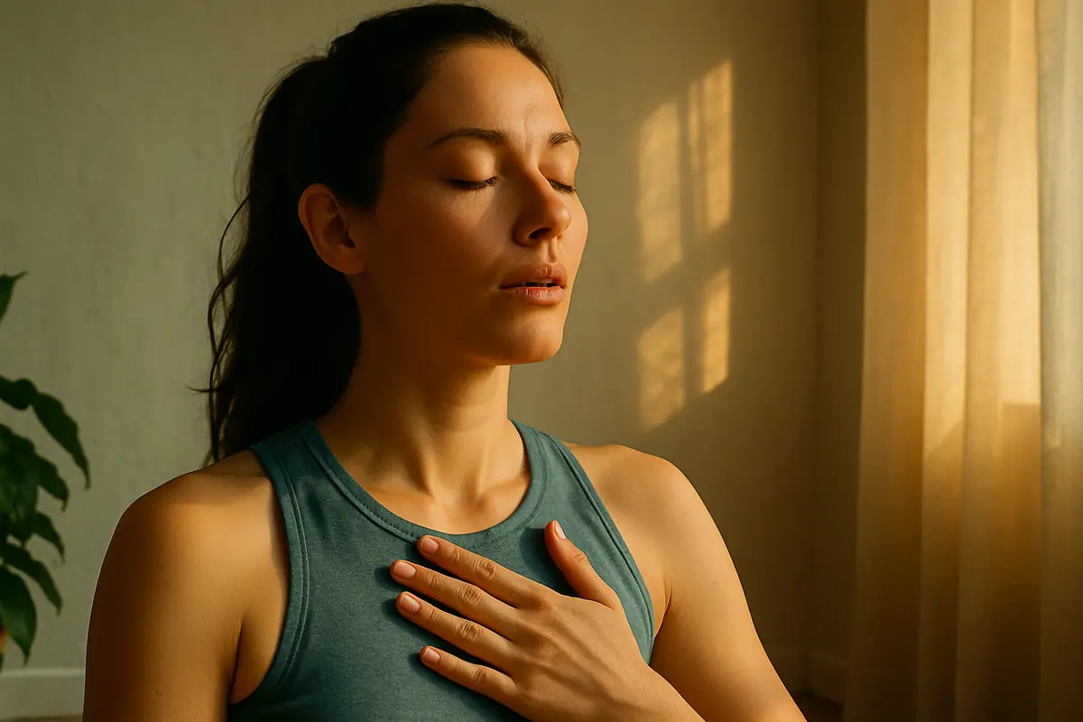 Femme assise en tailleur respirant profondément face à la lumière du matin
