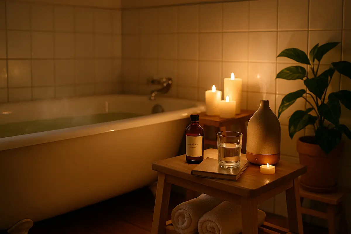Baignoire éclairée doucement avec quelques bougies et un brûleur d’huiles