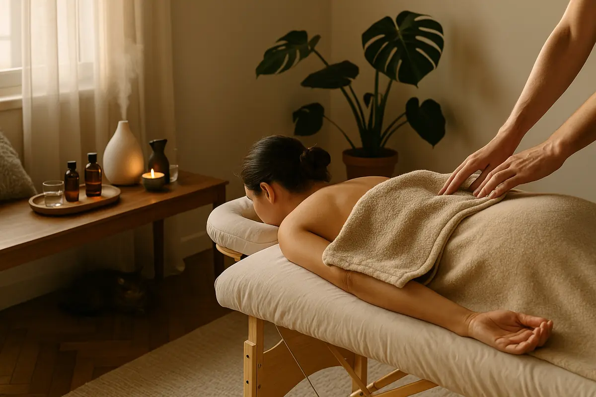 Table de massage à la maison, linge blanc, lumière tamisée