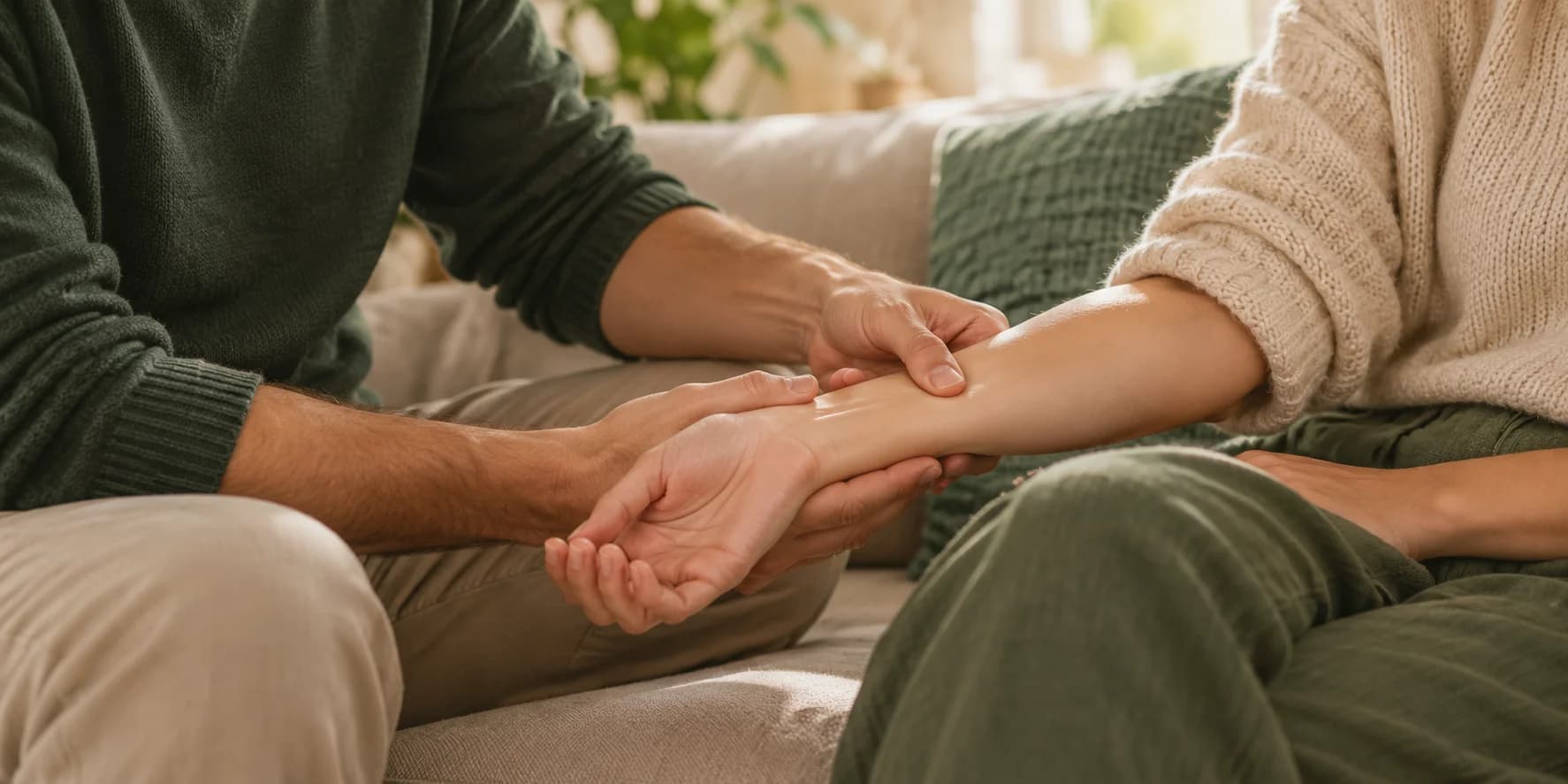 Un moment de massage à deux : une personne masse doucement la main et l’avant-bras de l’autre sur un canapé.